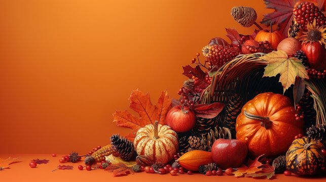 A festive abstract depiction of Thanksgiving with autumn leaves and a cornucopia against a warm orange background. Generative AI.