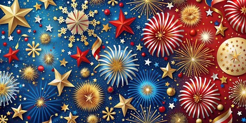 Vibrant red, white, and blue stars and stripes pattern with gold accents, confetti, and fireworks elements for a festive patriotic Fourth of July background design.