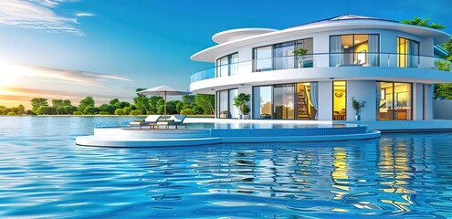 A resort in the middle of the blue sea with a blue sky as a background and sunset light from the side