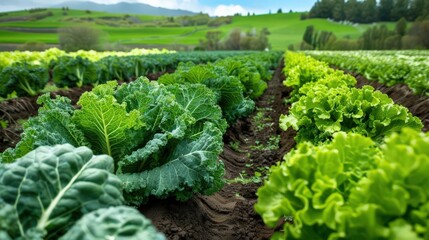 Vibrant field of fresh greens showcasing rows of crisp lettuce and kale against a scenic backdrop of rolling hills.