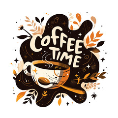 Fototapeta premium Coffee time is a coffee shop logo. It has a cup and a coffee mug on it. The logo is black and white