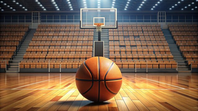A solo basketball rests on a polished hardwood court, surrounded by empty seats and a large bracket board, awaiting the big tournament madness.
