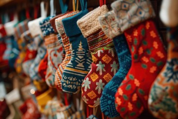 Vibrant and colorful hanging christmas stockings adorned with traditional patterns and handknit details