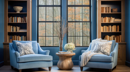 Cozy light blue armchairs in a home library