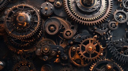 Close-up of intricate, rusty gears interlocked, creating a complex mechanical pattern.
