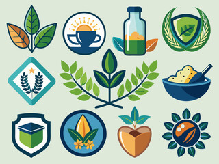 bottle and glass, set of fruits and vegetables, set of icons of plants, set of green leaves, fish in the water, set of icons of plants 