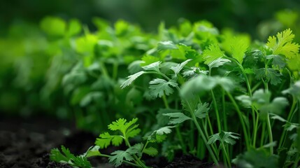 Fresh and vibrant cilantro leaves growing in rich soil, showcasing healthy green foliage, ideal for culinary and gardening themes.