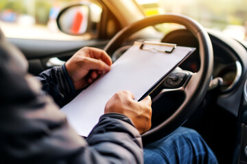 Person holding a clipboard while sitting in the driver's seat of a car, focusing on document inspection or preparation. high quality.