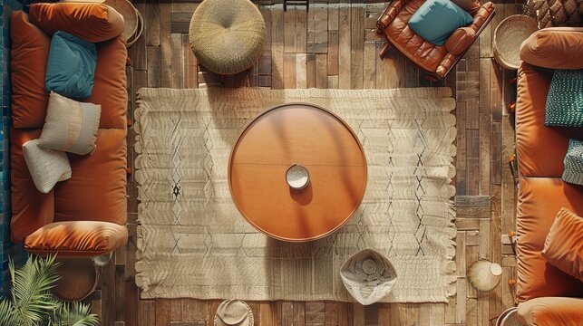 An overhead view of a living room with two sofas, a coffee table, and a rug. The room is decorated in a warm and inviting style.
