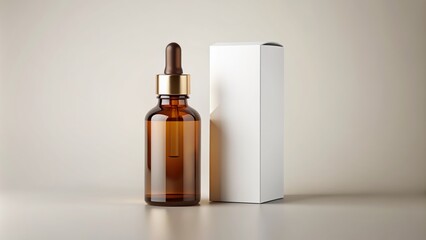 Naklejka premium Amber glass dropper bottle with blank white label and rectangular packaging box, isolated on a soft light background, ideal for product branding and labeling.