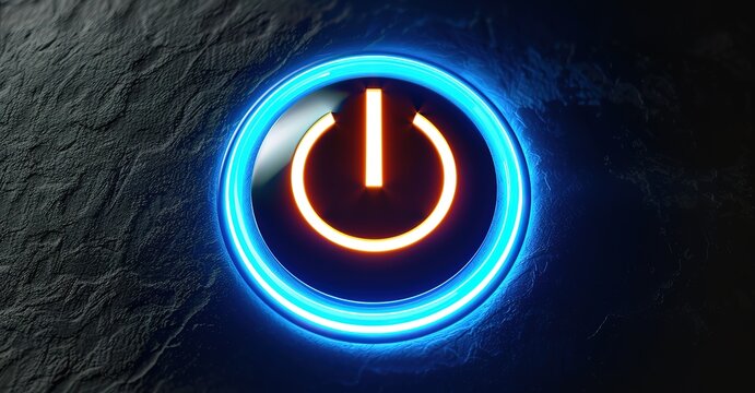 A neon blue power button on a textured black background - Powered by Adobe