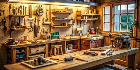 Detailed miniature workshop with tiny tools and gears for crafts, miniature, workshop, tiny, tools, gears, crafts