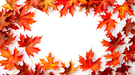 Fototapeta premium Red autumn leaves background with vibrant fall colors, showcasing a frame of nature's orange and yellow foliage with copy on with background, perfect for seasonal designs and illustrations