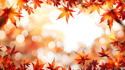 Fototapeta premium Red autumn leaves background with vibrant fall colors, showcasing a frame of nature's orange and yellow foliage with copy on blurry garden background, perfect for seasonal designs and illustrations