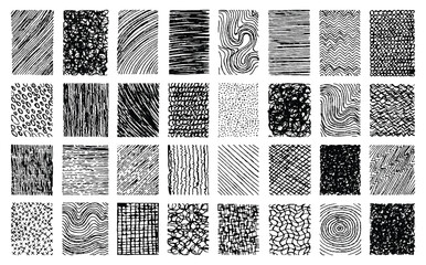 Abstract black pen scribble element set. Ink texture layout bundle. Hand drawn crosshatch textures pack. Grunge overlay background.
