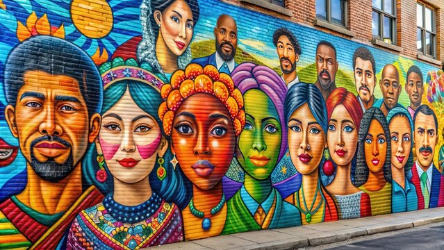 A vibrant and colorful street mural depicting cultural diversity and unity, mural, street art, vibrant, colorful, diversity