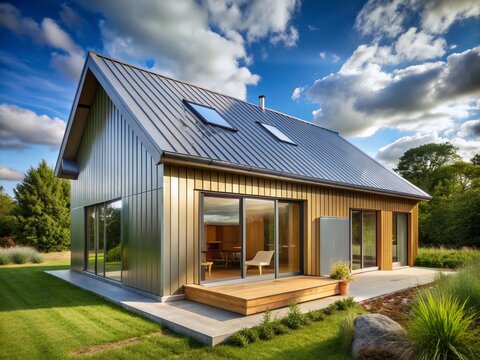 Modern eco-friendly house features a corrugated metal roof, with sleek silver sheeting complimenting the clean lines and minimalist exterior design.