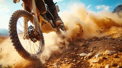 Dirt bike kicking up dust on a desert trail, offroad biking, adrenaline rush