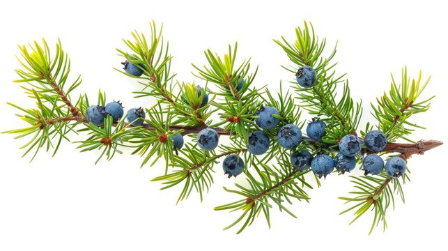 Fresh juniper branch with vibrant blue berries, ideal for nature, botanical, or culinary themes in photography.