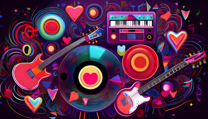 Fototapeta premium Music background with e-guitars, records, sound-waves, hearts, lips, tongues, drums. Cubism rocknroll-style.