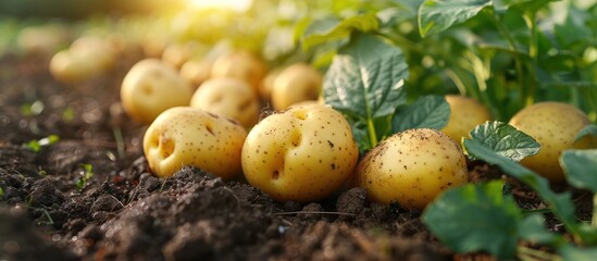 Natural fresh potatoes on the ground, harvest concept