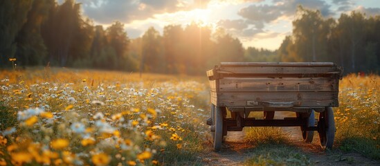 Old wooden cart in the park, with blurred background