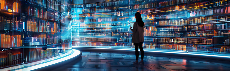 Obraz premium Person visiting a futuristic digital library