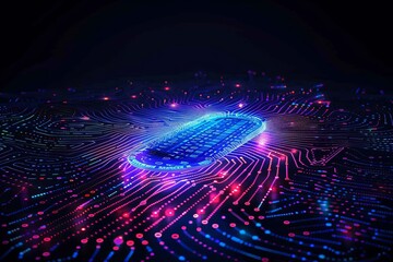Digital smiley face with neon lights in a dark high tech background