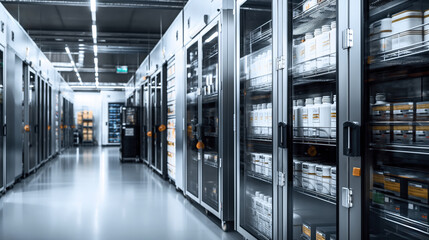 Naklejka premium Industrial storage room with metallic racks holding bottles and containers, illuminated with overhead lighting in a highly organized and clean environment.