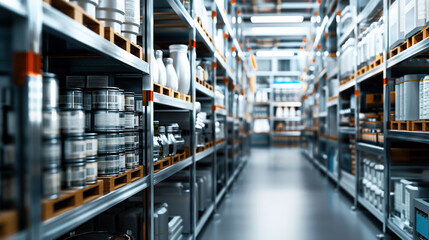 Interior view of an organized warehouse with metal shelves stocked with various products in containers and jars, creating a tidy and orderly storage environment.