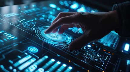 Futuristic interface with hand touching a glowing blue button