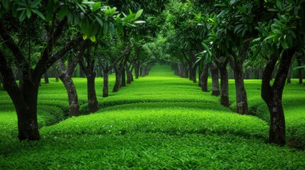 Obraz premium Lush green landscape with rows of trees, creating a serene pathway through nature's beauty for relaxation and rejuvenation.