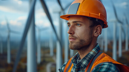 an engineer looking at giant wind mill