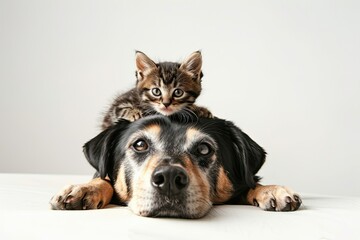 Obraz premium Cute kitten laying on head of dog 