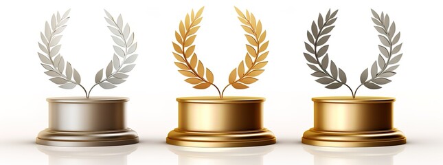 Three realistic silver and gold modern awards with laurel wreath on podiums in row isolated on white background