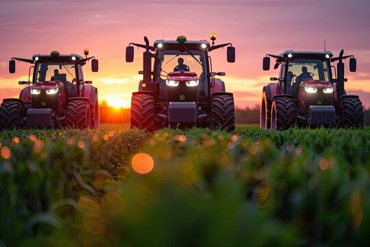 Low angle view of tractors in field