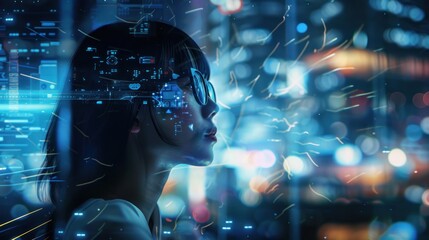 Woman in Glasses Looking at Digital Interface with City Lights in Background