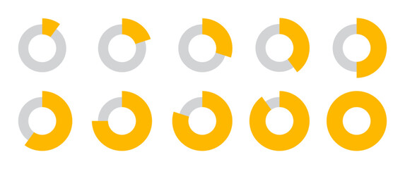 0 to 100 Infographic divided circles set in yellow and grey color horizontal thin and thick circles new style. Circle loading or progress collection with 0 10 20 30 40 50 60 70 80 90 100 percent.