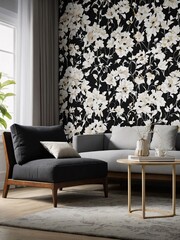 White floral tree pattern wallpaper for living room or bedroom decor. High contrast