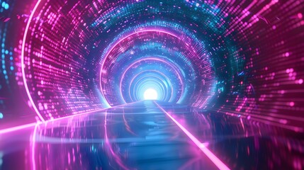 Striking TechnoInfused Neon Arch in Vibrant Pink and Blue Hues with Dynamic Light Patterns