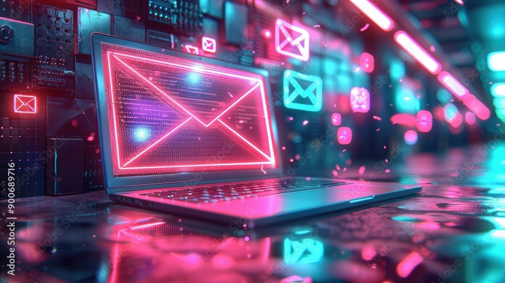 Aufkleber Laptop open to an encrypted email, with digital encryption symbols and secure email notification. Bright neon lights, advanced technology setting. Generative AI.