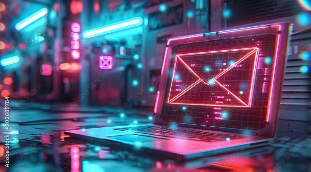 Aufkleber Laptop open to an encrypted email, with digital encryption symbols and secure email notification. Bright neon lights, advanced technology setting. Generative AI.