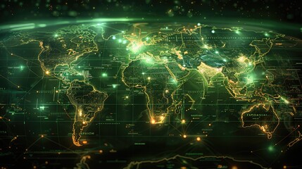 A science fiction neon green and black world map featuring. Generative AI.