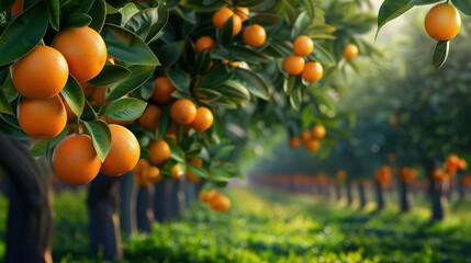 Vibrant orange orchard with ripe fruit hanging from lush green trees, showcasing nature's bounty in a serene landscape.
