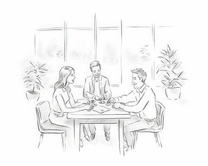 A group of three professionals engaged in a discussion during a meeting at a bright, modern office space.