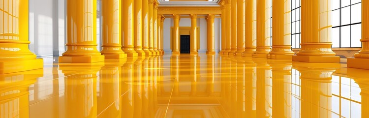 A glass-walled orange pillar column hallway with marble floors