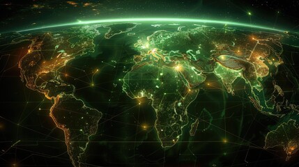 A science fiction neon green and black world map featuring. Generative AI.