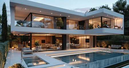 Fototapeta premium Modern home with minimalist design and luxury elements. Key architectural characteristics include: The house is designed in a modern style using straight lines. Generative AI.