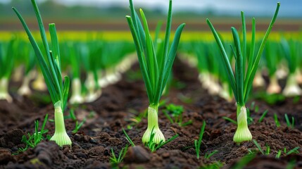 Obraz premium Vibrant green onions growing in rich soil, showcasing a healthy agricultural field under clear skies.