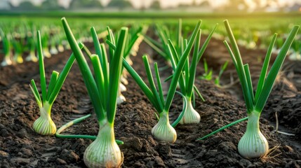 Obraz premium Fresh green onions growing in a earth-rich field, symbolizing healthy agriculture and natural farming practices.